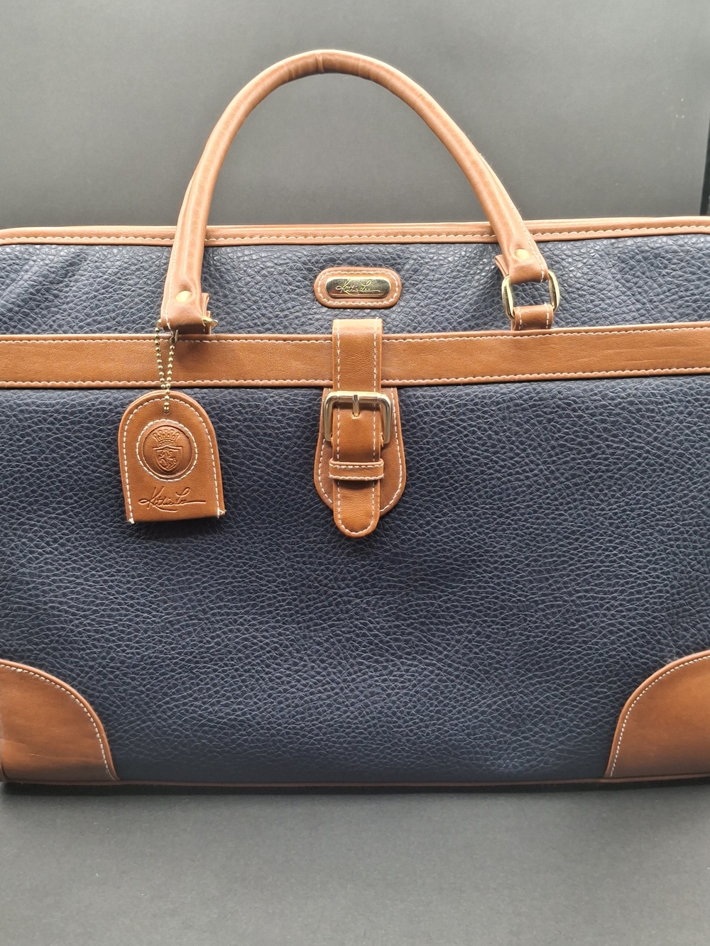 Kathy LEE Classic Navy and Tan Womans Briefcase - Leather Trim